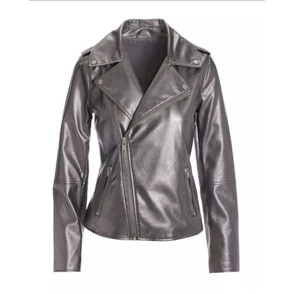 BOSTON PROPER WOMEN LARGE SILVER PEWTER Metallic Faux Leather Moto Jacket - Picture 3 of 4